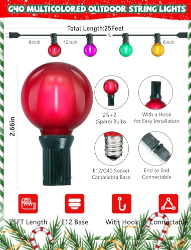 25Ft LED Christmas Outdoor String Lights, G40 Globe Lights with 27 0.6W Multicolor Bulbs, Vintage Christmas Lights for Holiday Party Backyard Wedding Garden Patio Porch Decor, Green Wire - color: Frosted Multicolor, size: 25Ft