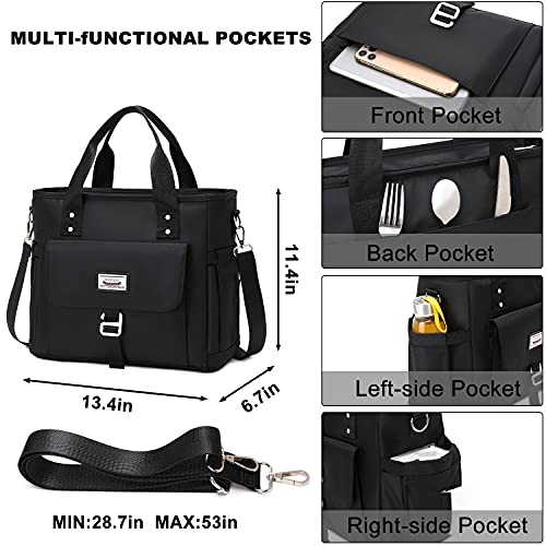 Weitars Insulated Lunch Bag for Men Women,Leak Proof Lunch Box for Work,Extra Large Lunch Tote Bag With Removable Shoulder Strap with Side Pockets,Reusable Lunch Cooler Purse For Picnic Hiking - color: Black