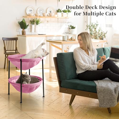 JUNSPOW Double Cat Bed Pink, Breathable Pet Bed for 2 Cats with 4 Adjustable Feet & Anti-Slip Mats, Easy Assembly Cat Hammock for Multi-cat Household, Indoors & Outdoors, 22.8 in x18.7 in x 18.7 in - color: Pink, size: 18.7"L x 18.7"W x 22.8"Th (Mesh)