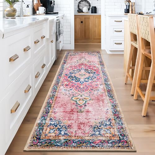 2x8 Runner Rug Pink Boho Area Rug for Hallway Entryway Kitchen Laundry Room Bathroom Bedroom Non Slip Blush Vintage Rug Indoor Lightweight Carpet - color: A#pink, size: 2' x 8' (Rectangular)