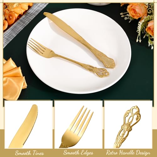 Dandat 60 Pcs Forks and Knives Cutlery Set Stainless Steel Steak Knives Forks Flatware Royal Silverware Set for Wedding Party Restaurant Dishwasher Safe (Gold)