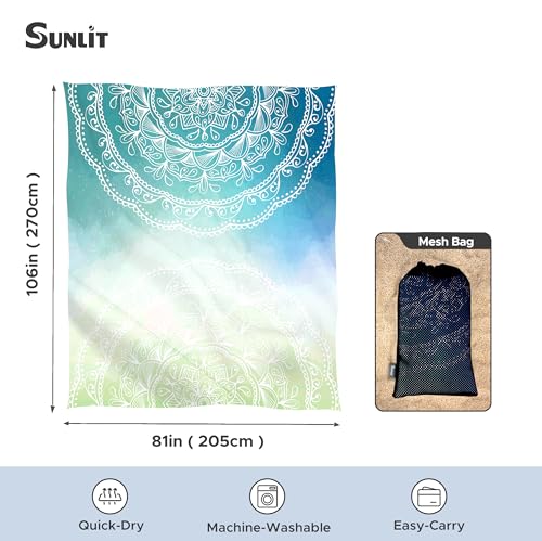Sunlit Silky Soft Sand Proof Beach Blanket 106"x81" / 85"x72" Sand Proof Mat with Corner Pockets and Mesh Bag for Beach Party, Travel, Camping and Outdoor Music Festival, Mandala - color: Tiffany Green, size: 106"x81"