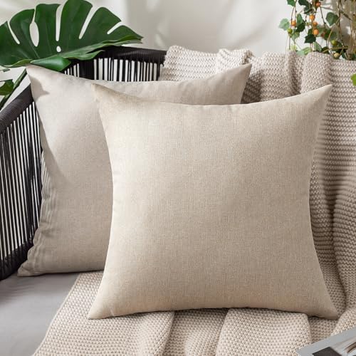 MIULEE Pack of 2 Decorative Outdoor Solid Waterproof Throw Pillow Covers Faux Linen Garden Farmhouse Cushion Cases for Patio Tent Balcony Couch Sofa 16x16 Inch Beige - color: Beige, size: 16" x 16" (Pack of 2)