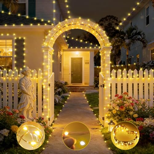 KNONEW 203FT 600 LED Outdoor Fairy Lights Plug in, Christmas Fairy Lights Outdoor Waterproof 8 Modes Memory Times for Wedding Bedroom Walls Garden Trees Decoration(Warm White) - color: Warm White, size: 203FT 600 LED Copper-colored wire