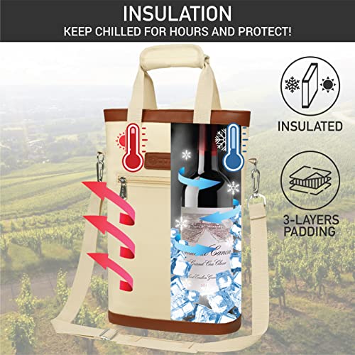 opux Two Bottle Wine Bag Carrier Tote, Insulated Leakproof 2 Bottle Wine Cooler Bag for Travel BYOB Picnic, Portable Wine Case, Gift for Men Women Wine Lover Birthday Party Christmas, Cream Beige - color: Cream Beige