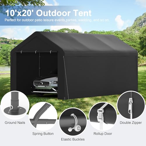 Carport, 10‘ x 20’ Heavy Duty Portable Garage All-Season Car Canopy w/Removable Sidewall & Doors, Carport Canopy Party Tent w/Water-Resistant Tarp for Backyard (Black, 10‘ x 20’) - color: Black, size: 10' x 20' /with side