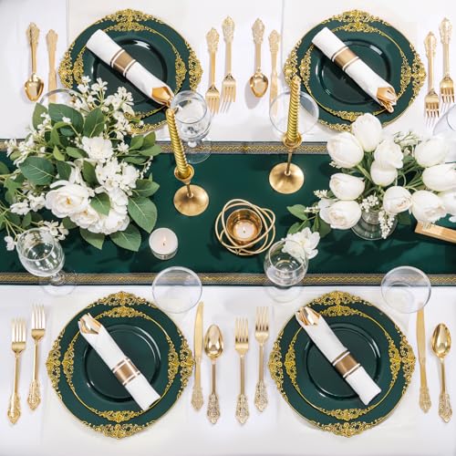 Nervure 350PCS Green Plastic Plates - Green Gold Plastic Dinnerware Sets for 50 Guests - 100 Disposable Plates, 150 Gold Silverware, 50 Cups, 50 Napkins Perfect for Wedding & Party - color: Green and Gold
