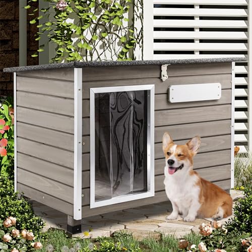 Gowoodhut Dog House Outdoor & Indoor Wooden Dog Kennel for Medium to Large Dogs,34" L Natural Fir Wood Dog Houses with Weatherproof Roof,Removable Floors,Raised Feet - size: 34" L x 22" W x 25" H
