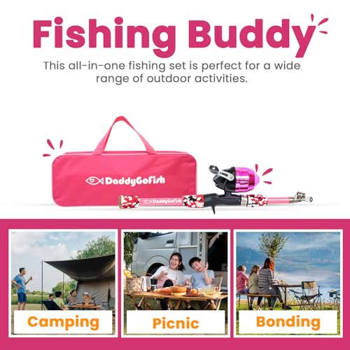 DaddyGoFish Kids Fishing Pole - Rod Reel Combo Tackle Box Starter Set - First Year Small Gear Kit for Boys Girls Toddler Youth Age Beginner Little Children - color: Pink (Essential Set), size: 5ft