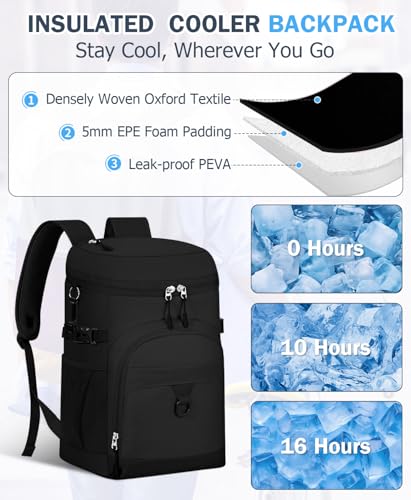 Cooler Backpack, 22L Waterproof Soft Backpack Coolers Leak Proof Beach Backpack Insulated Picnic Lunch Bag for Fishing Camping,Beach,Hiking,Travel - color: Black