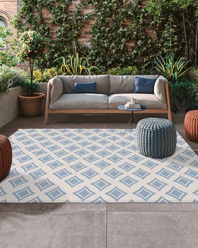 Outdoor Rug 4'x6' for Patio Clearance Large Outside Rug Chenille Patio Rugs Indoor Outdoor Carpet Artistic Geometric Rhombus Texture Blue Area Rugs for Camping Porch Deck Balcony - color: Abstractidt3395, size: 4' x 6' (Rectangular)