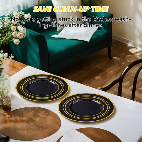 GATHER 700PCS Black Plastic Plates - Gold Disposable Plastic Dinnerware Set Include 200 6.3inch/9inch Black Plates, 300 Silverware, 100 Napkins, 100 Cups for Party & Wedding & Birthday - color: Black, size: 100 Guests