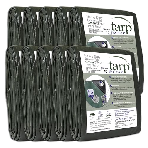 Kotap 9 x 12 Ft. Heavy-Duty Protection/Coverage Tarp, 8-mil, Reversible, Multi-Use, Waterproof, Green-Silver, 10-Pack (TGS-0912-10) - size: 9 x 12 Ft., (10-Pack), style: Heavy-Duty 137 GSM Green/Silver