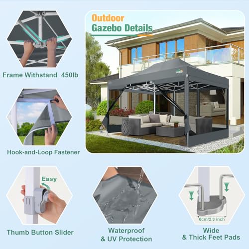 COBIZI 10x15 Heavy Duty Pop-Up Canopy Tent With Sidewalls, Waterproof Easy Setup, Mosquito Netting, Outdoor Instant Screen for Parties, Wedding, Backyard - Carry Bag Included, Gray - color: Gray, size: 10x15FT