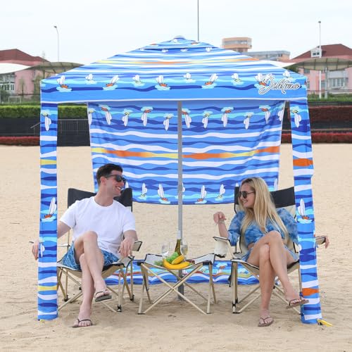 Jihfmo Beach Cabana, 6.2'×6.2' Beach Canopy with Side Wall, UPF 50+ UV Protection Easy Setup Tent Sun Shelter with Sand Pockets for Whole Family(Summer Sailboat) - color: Summer Sailboat