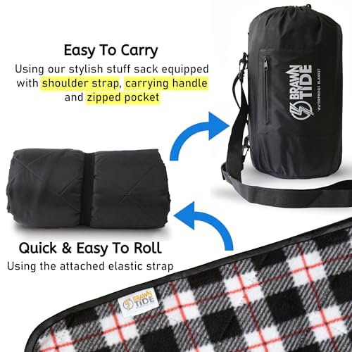 BRAWNTIDE Large Outdoor Waterproof Blanket - Extra Thick Fleece, Warm, Windproof, Sandproof, Quilted, 82" x 55", Ideal for Beaches, Picnics, Camping, Stadiums, Dogs, Car - color: Plaid Black
