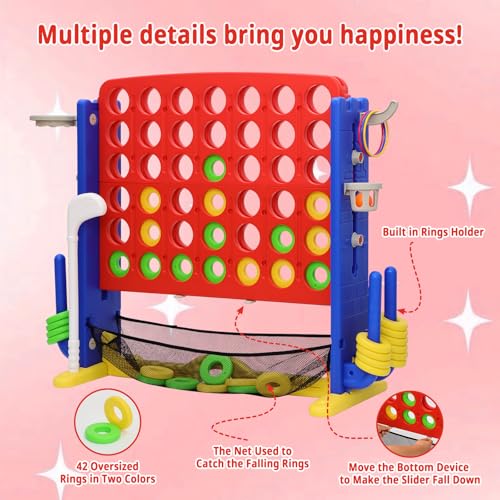 Giant 4-in-A Row Connect Game Set, Height Adjust Jumbo Yard Game for Kids & Adults w/Mesh Catching Bag, Basketball Hoop, Ring Toss & Mini Golf, Family Party 4-to-Score Indoor/Outdoor Games - color: Red Blue