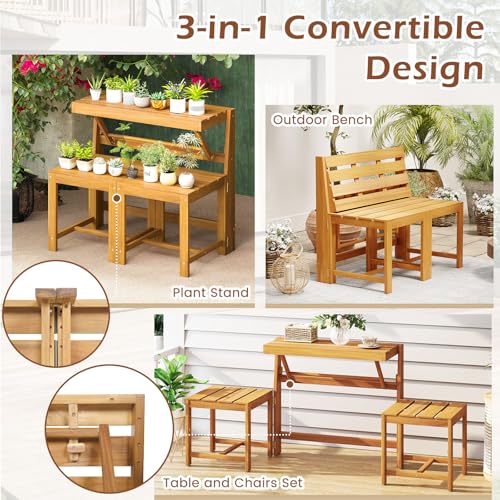HAPPYGRILL 3-in-1 Acacia Wood Outdoor Dining Table Bench Set, with 2 Built-in Chairs, Plant Stand, Patio Bench Table for Backyard Garden