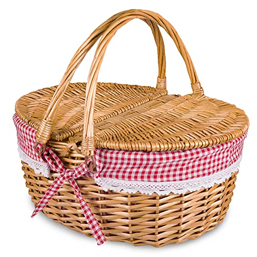 Wicker Picnic Basket with Lid and Handle Sturdy Woven Body with Washable Plaids Liner,Red - color: Red Check