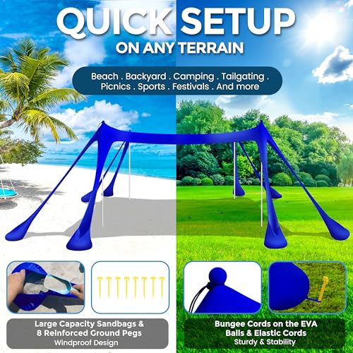 Beach Canopy Beach Tent Pop Up Shade 10x10ft Sun Shelter UPF50+ with 8 Sandbags-2 Sand Shovel-4 Aluminum Poles-Ground Pegs-Portable Carrying Bag for Outdoor Family Camping Fishing Yard Picnic - color: Navy