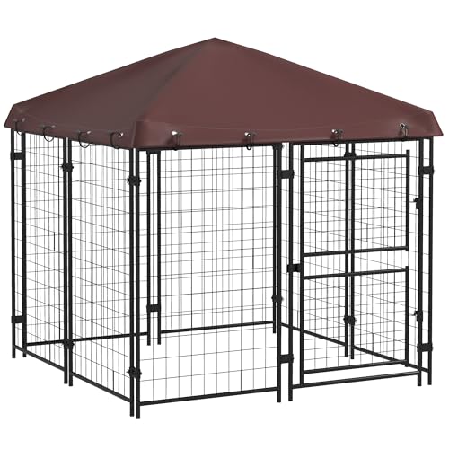 PawHut 4.6' x 4.6' x 5' Dog Kennel Outdoor with Waterproof Cover, Dog Playpen for Small and Medium-Sized Breeds, Chickens, Ducks, with Two Part Door Design, Brown