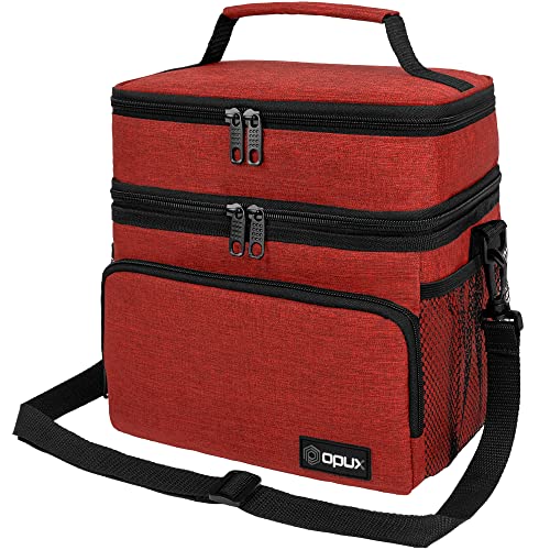 opux Insulated Lunch Bag for Men Women, Large Dual Compartment Cooler Bag, Soft Two Deck Lunch Box for Work School Picnic, Leakproof Lunch Tote with Shoulder Strap for Kid Adult (Red, Double Deck) - color: Heather Red, size: Double Deck
