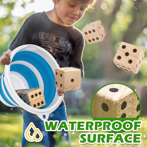 ropoda 3.5" Giant Wooden Yard Dice Set for Outdoor Fun, Barbeque, Party Events, Backyard Games, Lawn Games Includes 6 Dice, Collapsible Bucket, Score Cards & Dry Erase Marker