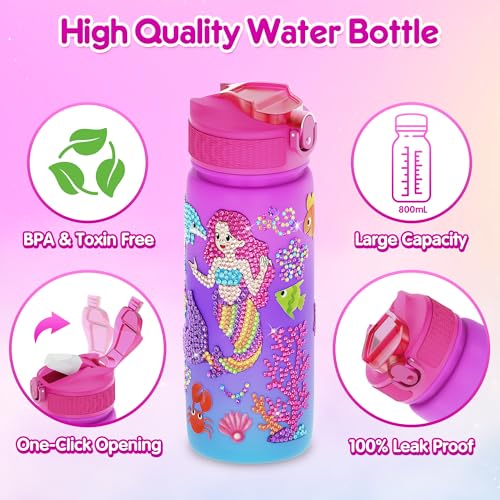 Mocoosy Unicorn & Mermaid Water Bottle with Waterproof Stickers- 27oz Leakproof Standard Sport Bottle with Lids - Decorating Kit & Birthday Gift for Girls 4-12 (Pink)