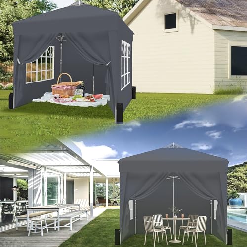 SANWAY 6.6x6.6 Pop Up Canopy Tent with Sidewalls x 4 – Easy Setup Canopy Tent, Waterproof, UV-Resistant, Portable with Carry Bag for Outdoor Events, Camping, and Backyard Parties –Gray