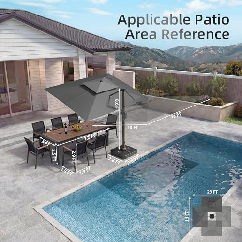 10 X 13 FT Cantilever Patio Umbrella with Led Lights Outdoor Rectangle Offset Large Double Top Heavy Duty Umbrellas with 360°Rotation for Pool Deck Backyard Garden, Gray - color: Gray, size: 10×13 Ft Without Base