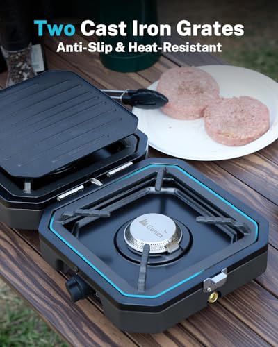 Gonex 2 Burner Propane Camping Stove with Griddle & Grates, Portable Foldable Cooking Stove with Total 16,000 BTU, Two Piezo Ignition Adjustable Burners for Camping, Patio, Emergency, Hiking (Black) - color: Black