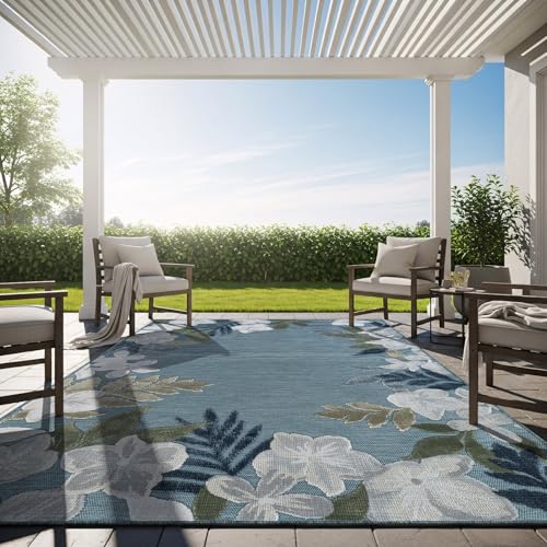 Outdoor Rug 9x12 Washable Area Rugs Indoor Outdoor Carpets Aqua Border Floral Non Shedding Waterproof Easy Clean Patio Deck Porch Living Room Bedroom Garden RV (9 X 12 Aqua) - color: 1-aqua, size: 9' x 12' (Rectangular)