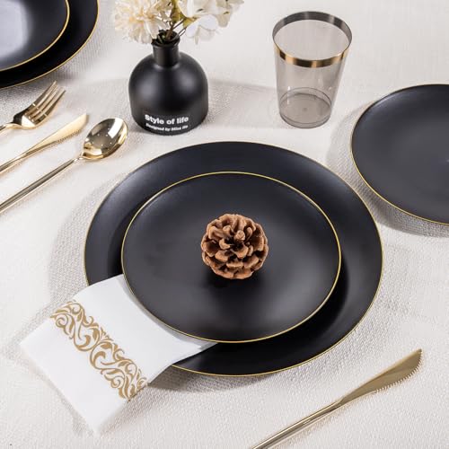 EI 350Pcs Black and Gold Matte Frosted Plastic Plates Disposable Heavy Duty,Dinnerware Set for Party Include 100 Disposable Plates,150 Silverware,50 Napkins,50 Cups for Party/Wedding/Events,Hotel - color: Black and Gold Plastic Plates Dinnerware