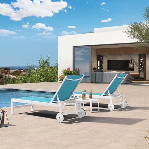 PURPLE LEAF Outdoor Lounge Chairs Set of 2 White Aluminum Chaise Lounge Chair Five-Position Adjustable Chaise Lounges with Wheels and Table for Pool Deck Patio, Turquoise - color: Turquoise, style: Standard Straight-leg
