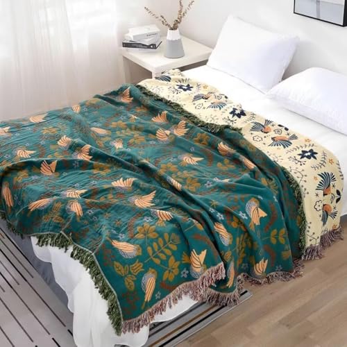 Boho Throw Blanket for Bed 100% Cotton Bohemian Blankets Ultra Soft Woven Muslin Decorative Blankets All Seasons Vintage Quilt Knitted Blanket for Sofa Chair(Blue, 50"x60") - color: A-blue, size: 50"x60"