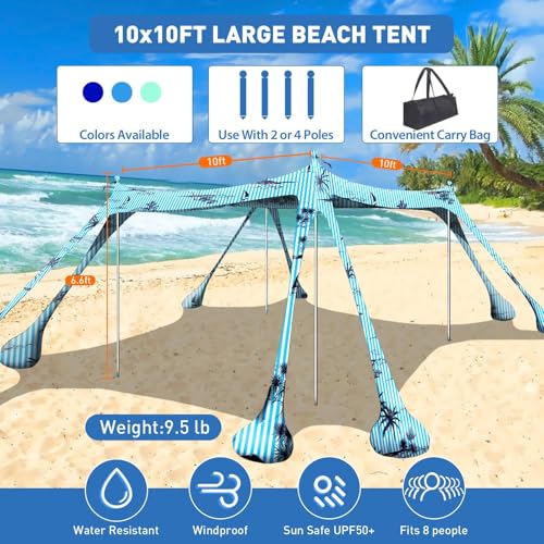 Beach Tent Sun Shelter 10x10ft Beach Canopy Easy Pop Up Sun Shade Portable UPF50+ with 8 Sandbags-2 Sand Shovel-4 Aluminum Poles-Ground Pegs for Outdoor Family Camping Fishing Backyard Picnic - color: Coconut Tree, size: 10x10 FT 4 Pole