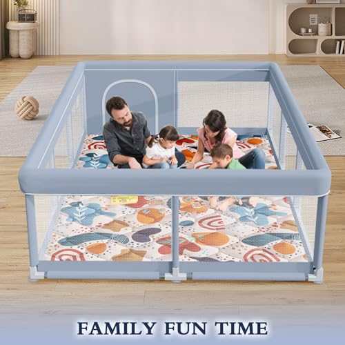 XVISHX 74 x 50 Inch Baby Playpen with Mat, Playpen for Babies and Toddlers, Baby Playard for Indoor & Outdoor Active Center Game Fence, with Skin-Friendly Fabric and Soft Breathable Mesh, Grey - size: 74 × 50 Inch+MAT