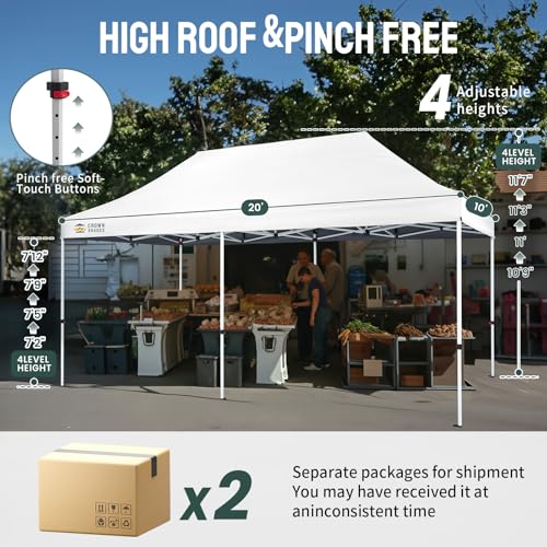 CROWN SHADES 10x20 Pop Up Canopy Tent - Commercial Canopy Tent with 400D Strength Oxford Fabric, Hexagonal Leg, 4 Upgraded Weights - Great for Trade Shows, Events, Parties & Commercial Use, White - color: White, size: 10x20