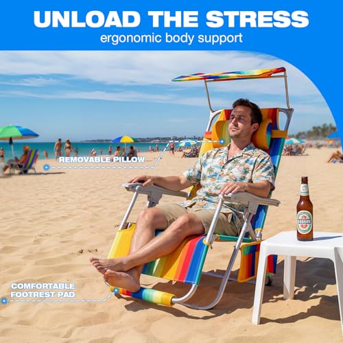 Lightweight Backpack Beach Chair for Adults, Patio Zero Gravity Chair with Canopy, Outdoor Adjustable Folding Reclining Lounge Chair with Cup Holder Pillow,Lawn Garden,Sand (Rainbow Stripe)