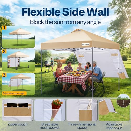 VIVOHOME 10x10ft Pop Up Canopy Tent with Sidewall and 6 Pockets, One Push Setup Outdoor Portable Shelter Tent Heavy Duty with Wheel Carry Bag and 4 Sandbags, Beige - color: Beige