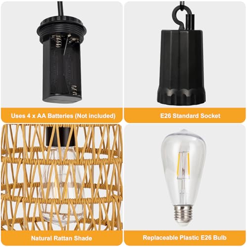 Livinlarge Battery Operated Hanging Pendant Ligh,Battery Outdoor Chandelier,Rattan Light with Warm White Bulb,4*AA Battery Powered for Gazebo Backyard Pergola Porch Patio Outdoor Indoor Decor - style: Battery Operated Lanterns