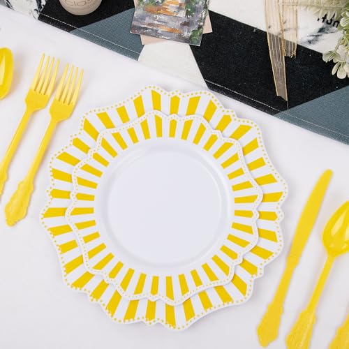 COLOSUS 150pcs Disposable White Lemon Yellow Striped Plastic Party Plates and Silverware set, Yellow Dinner/Dessert Plates silverware 30guests for Easter Birthday Weeding Party and Daily use. - color: white+yellow