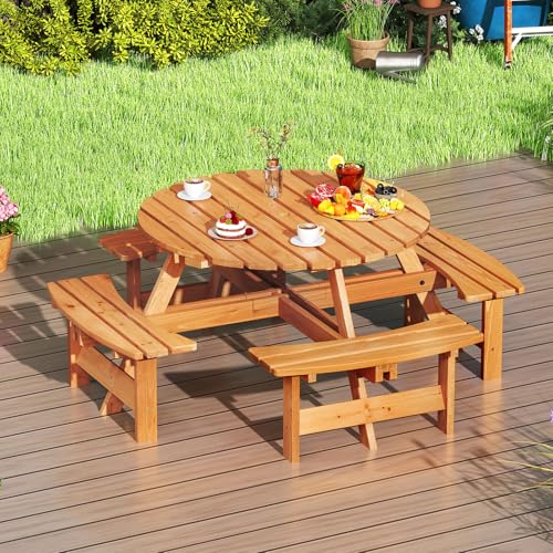 Giantex 8-Person Round Picnic Table Set with 4 Benches, 550 LBS Bench Capacity, 2" Umbrella Hole, Circular Outdoor Wood Dining Table & Chairs for Patio Yard Garden Porch Deck (71”x71”x28”,Yellow) - color: Yellow, size: 71”x71”x28”