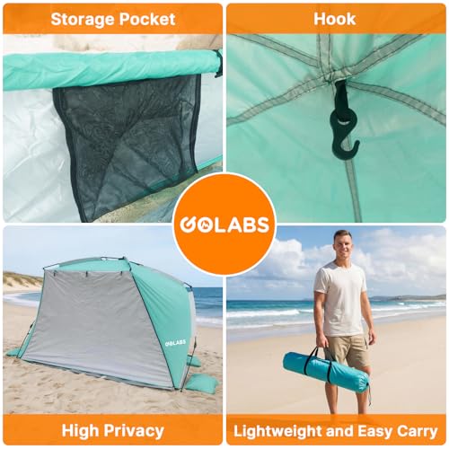 Golabs BT1 Pop up Beach Tent Sun Shelter for 3-Person, 1-Minute Setup by Pre-Attached Pole & UPF 50+, Beach Shade with Detachable Floor Mat, Mesh for Clear View & Airflow, only 7 lbs & Pocket and Hook - color: GREEN