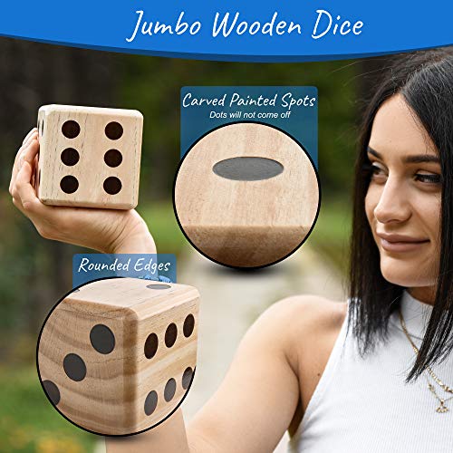 Giant Wooden Yard Dice – Splinter-Free and Crack-Proof Wood – Jumbo Size with Collapsible Bucket - 2 Dry Erase Score Cards - Indoor/Outdoor - Play Many Games – Fun and Engaging Game Time – Ideal Gift