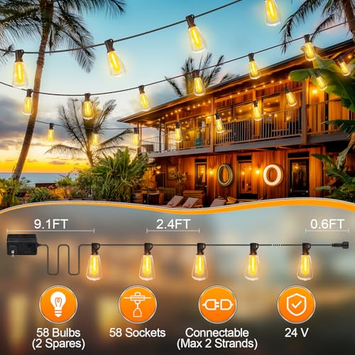 Outdoor String Led Patio Lights - 150Ft 45M Outside Waterproof Light With Remote Dimmable ST38 Shatterproof Bulb Connectable Hanging Outdoor Electric Lighting For Backyard Yard Gazebo Porch Party - size: 150FT-Remote