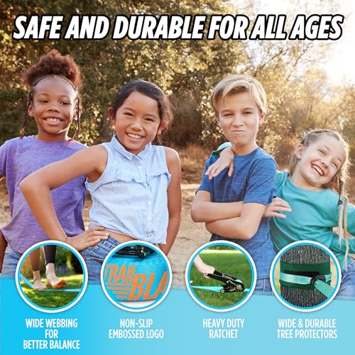 Complete Ninja Slackline Kit - 60ft Slack Line for Backyard for Kids & Adults - Wider Tree Protectors Slackline Kit for Ninja Warrior Obstacle Course for Kids Outdoor Playset (Essential Kit - Blue) - color: Blue