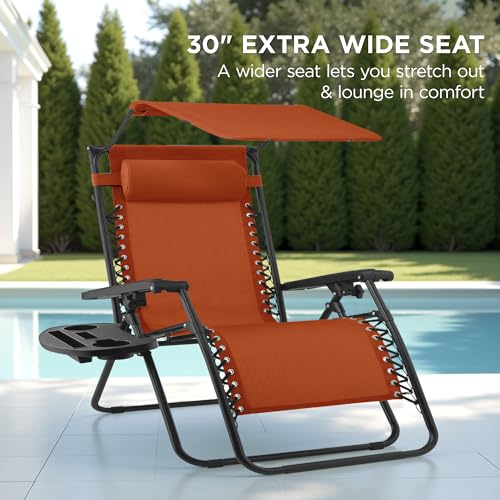 Best Choice Products 30” Wide Folding Zero Gravity Outdoor Recliner Patio Lounge Chair w/Adjustable Canopy Shade, Headrest, Side Accessory Tray - Burnt Orange - color: Burnt Orange, size: Oversized Extra Wide