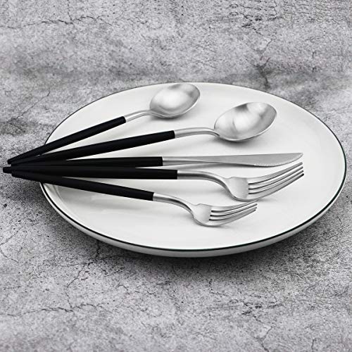 20-Piece 18/10 Stainless Steel Flatware Silverware, Luxury Dinnerware Set Travel Cutlery Tableware Include Knife Fork Spoon Service for 4, Dishwasher Safe (Black Handle Matte Silver) - color: Black Handle Silver, size: Service for 4