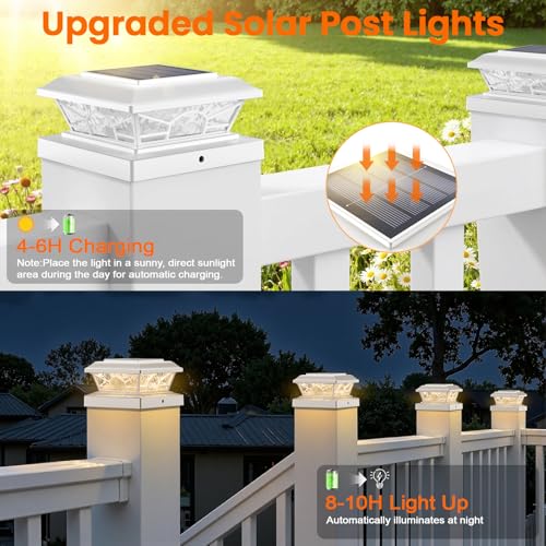 Brightever 4x4 3.5x3.5 Solar Post Cap Lights, 6-Pack Outdoor Solar Powered Fence Post Lights Fit Vinyl/Wood Posts, 2 Modes(Warm/Cool Light), Solar Waterproof Deck Post Lights for Garden, Patio, White - color: White, size: 6 Pack